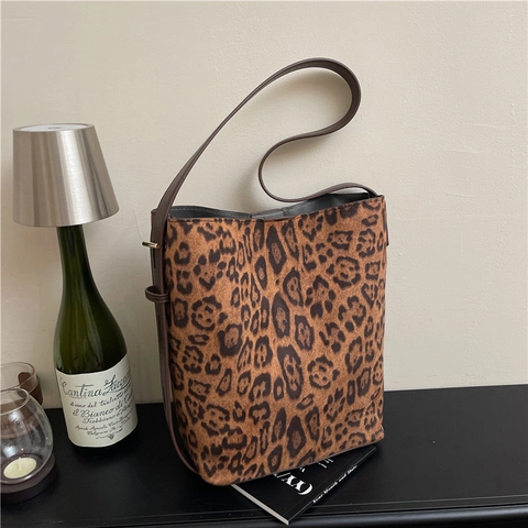 Borsa A Secchiello Con Stampa Leopardata Scamosciata Donna Grande Capacità Retro Borsa A Spalla Con Tracolla In Pelle PU