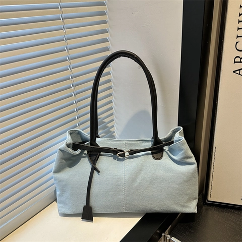 Dames Mode Denim Tote Bag Grote Capaciteit Retro Contraststiksel PU Lederen Schoudertas Voor Woon-werkverkeer Casual