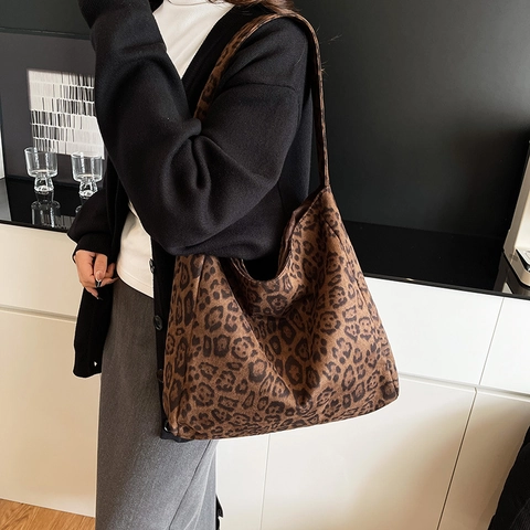 Bolso Tote Grande de Estampado de Leopardo para Mujer Cuero PU de Gamuza Bolso de Hombro Retro Fashion Commuter Hobo Bolso