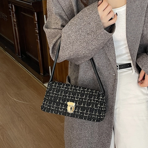 Elegante Damen Tweed Schultertasche Mit Metallschloss Koreanischer Stil Vintage Karo Unterarmtasche Täglich Büro Party Zubehör