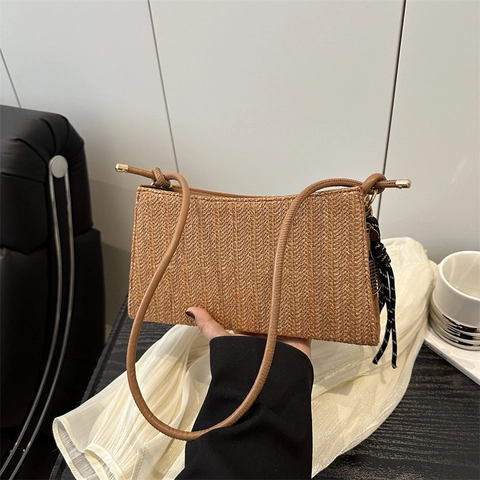 Woven Straw Underarm Bag Women Shoulder Bag Herringbone Pattern Knot Strap Niche Vintage Chic Versatile Commuter Handbag