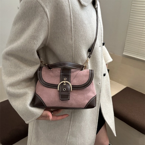 Women's Retro Contrast Stitching Suede PU Leather Splicing Handbag Vintage Large Capacity Tote Shoulder Bag Crossbody Square Bag