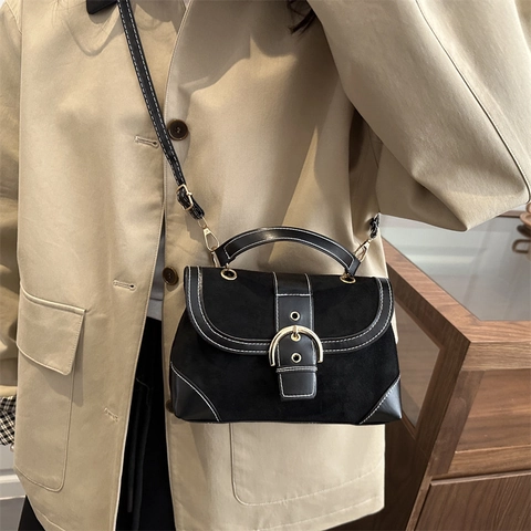 Vintage Kontrastnähte Schultertasche PU Wildleder Spleißen Umhängetasche Mit Metallschnalle Retro Kleine Quadratische Handtasche Damen