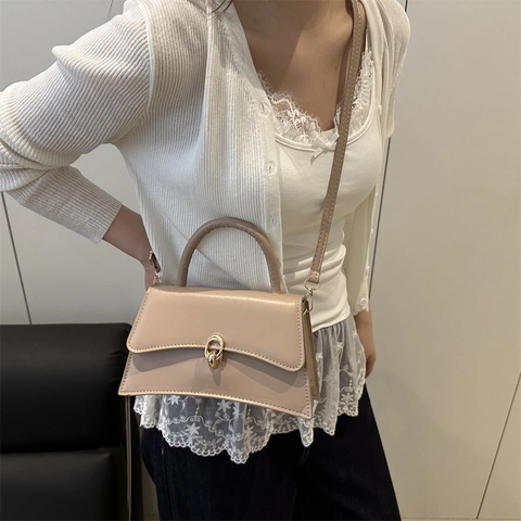 Women PU Leather Small Square Shoulder Bag Elegant Top Handle Crossbody Handbag With Metal Lock Urban Minimalist Daily Use