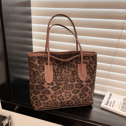 Vintage Leopard Print Tote Bag For Women Large Capacity PU Leather Shoulder Bag Casual Daily Commute Fashion Handbag