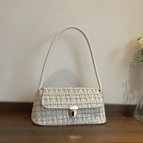 Elegante Damen Tweed Schultertasche Mit Metallschloss Koreanischer Stil Vintage Karo Unterarmtasche Täglich Büro Party Zubehör
