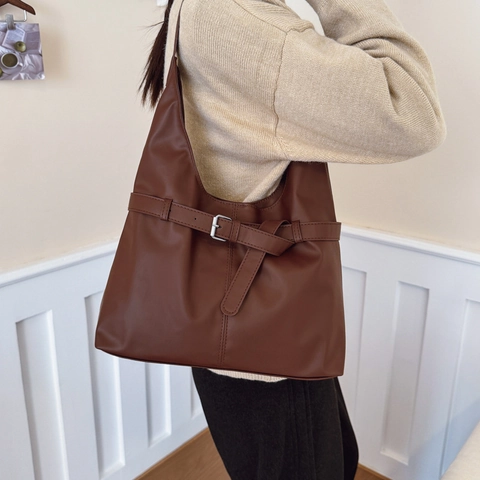 Borsa Tote da Donna in Pelle PU Vintage di Grande Capacità Borsa a Tracolla Minimalista Con Fibbia in Metallo per Pendolari Casual Hobo