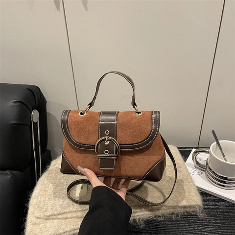 Vintage Kontrastnähte Schultertasche PU Wildleder Spleißen Umhängetasche Mit Metallschnalle Retro Kleine Quadratische Handtasche Damen