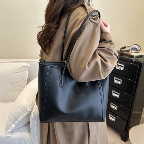 Borsa Tote Grande Capacità Donna Pelle Sintetica PU Minimalista Profilo A Contrasto Pendolare Borsa A Spalla Cerniera