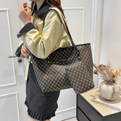 Ensemble de Sacs Tote Femmes Grande Capacité en Cuir PU Imprimé Monogramme Sac à Épaule Avec Petite Pochette Mode Chic