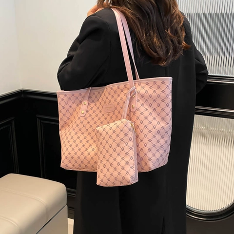 Sac Cabas Femme en Cuir PU Imprimé Grande Capacité Set Sac à Épaule Combiné Motif Géométrique Rétro Sac à Main Navette