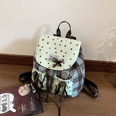 Zaino In Nylon A Quadri Con Stampa Di Stelle Fiocco Stile Preppy Dolce Giapponese Vintage Per Donne Ragazze Scuola