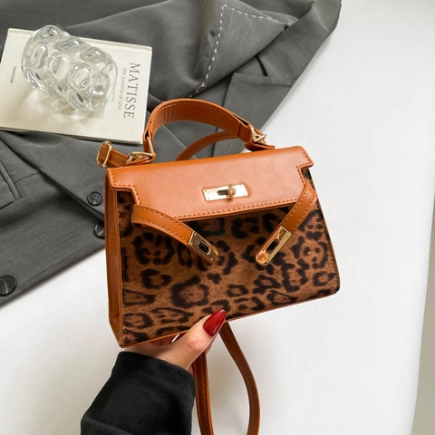 Leopard Print Handbag PU Leather Small Square Crossbody Bag Gold Turn-lock Top Handle Vintage Fashion