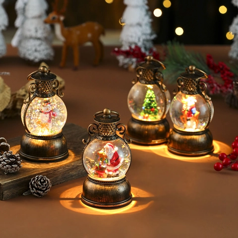 USB Battery Powered Musical Snowing Christmas Snow Globe Lantern With LED Light Retro Bronze Festive Holiday Decoration