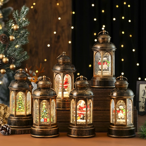 Lanterna Palla Di Neve Di Natale Musicale LED Illuminata Glitter Resina Babbo Natale Pupazzo Di Neve Albero Arredo Bronzo
