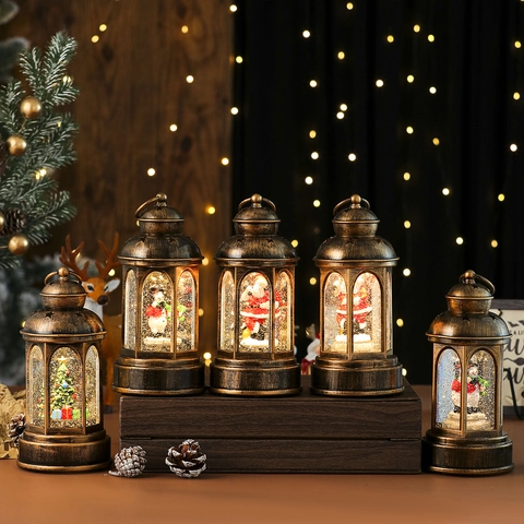 Lanterna Palla Di Neve Di Natale Musicale LED Illuminata Glitter Resina Babbo Natale Pupazzo Di Neve Albero Arredo Bronzo