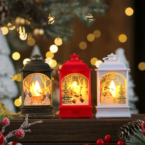 LED Christmas Lantern Battery Operated Santa Snowman Reindeer Printed Decorative Night Light For Xmas Tabletop Hanging Lamp