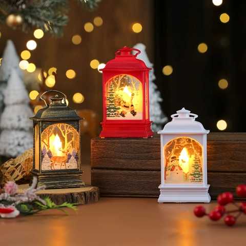 LED Christmas Lantern Battery Operated Santa Snowman Reindeer Printed Decorative Night Light For Xmas Tabletop Hanging Lamp