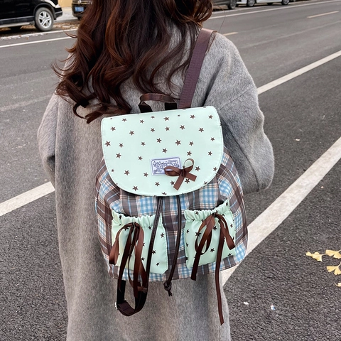 Zaino In Nylon A Quadri Con Stampa Di Stelle Fiocco Stile Preppy Dolce Giapponese Vintage Per Donne Ragazze Scuola