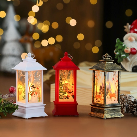 Christmas LED Lantern Decorative Simulated Candle Night Light Portable Hanging Wind Lamp Santa Snowman Reindeer Pattern Holiday Tabletop Ornament