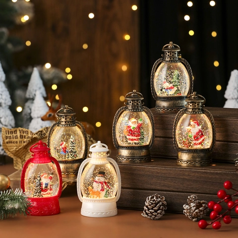 LED Christmas Water Lantern Snowing Glitter Lantern Battery Operated Santa Snowman Ornament For Home Window Holiday Decor