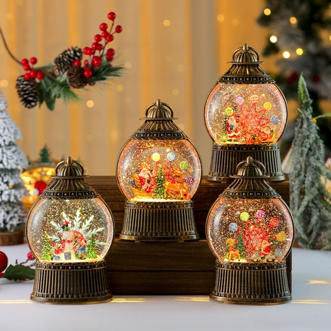 Vintage Christmas Snow Globe Lantern Music Box Rotating Windmill Water Glitter Lantern With LED Light Desktop Decor Gift