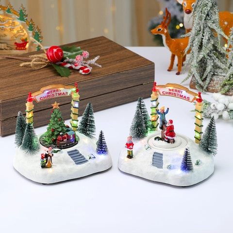 Christmas Rotating Music Box With LED Light Resin Snow Scene Musical Ornament Festive Desktop Holiday Decoration Gift