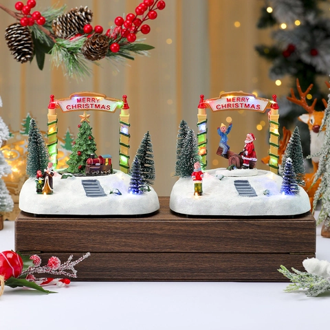 Christmas Rotating Music Box With LED Light Resin Snow Scene Musical Ornament Festive Desktop Holiday Decoration Gift