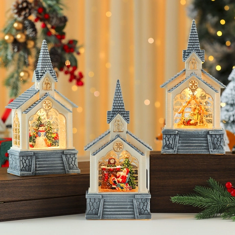 Linterna De Agua Con Bola De Nieve De Navidad Iglesia Musical Iluminada Papá Noel Muñeco De Nieve Belén Decoración Regalo