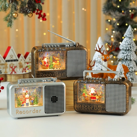 Linterna De Bola De Nieve De Navidad Forma Radio Vintage LED Con Música Relleno De Agua Decoración De Mesa Regalos