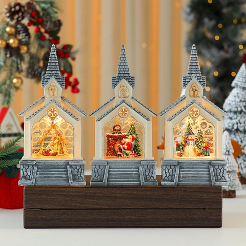 Linterna De Agua Con Bola De Nieve De Navidad Iglesia Musical Iluminada Papá Noel Muñeco De Nieve Belén Decoración Regalo