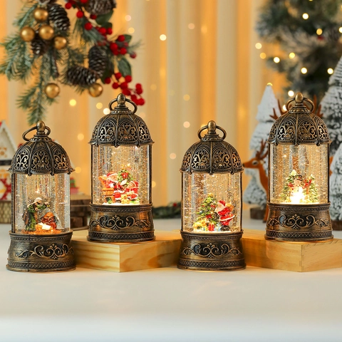 Linterna Bola De Nieve De Navidad Caja De Música Llenado De Agua Bronce Vintage Iluminación LED Brillante Decoración De Escritorio