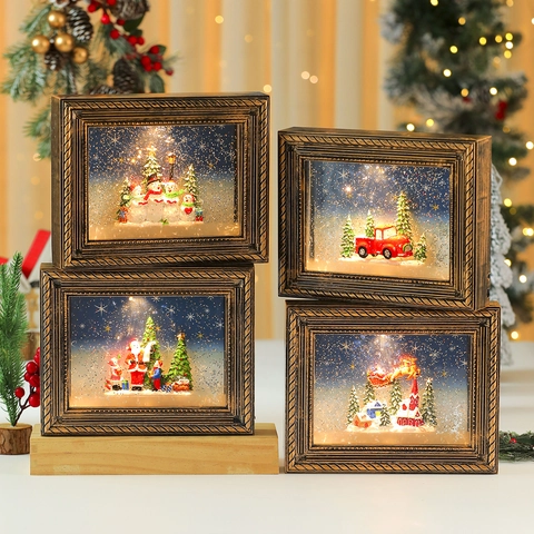 Caja de Música de Navidad Marco de Fotos Decorativo Con Luz LED Efecto de Nieve Alimentación USB Batería Adorno Regalo