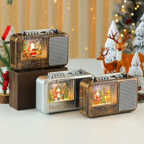 Linterna De Bola De Nieve De Navidad Forma Radio Vintage LED Con Música Relleno De Agua Decoración De Mesa Regalos