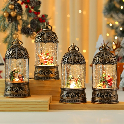 Linterna Bola De Nieve De Navidad Caja De Música Llenado De Agua Bronce Vintage Iluminación LED Brillante Decoración De Escritorio