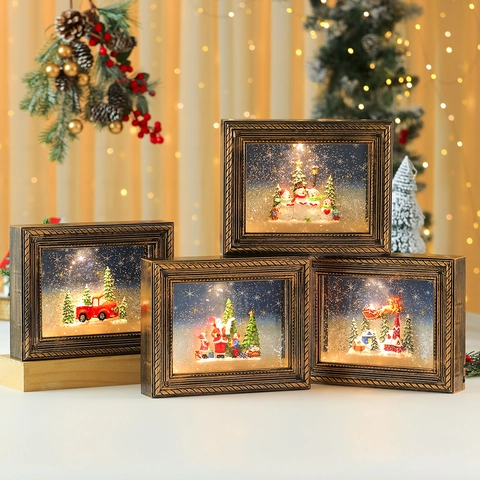 Caja de Música de Navidad Marco de Fotos Decorativo Con Luz LED Efecto de Nieve Alimentación USB Batería Adorno Regalo