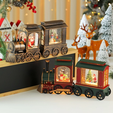 Christmas Train Snow Globe Water Lamp LED Glowing Musical Desktop Ornament Santa Snowman Plastic Holiday Decor Vintage