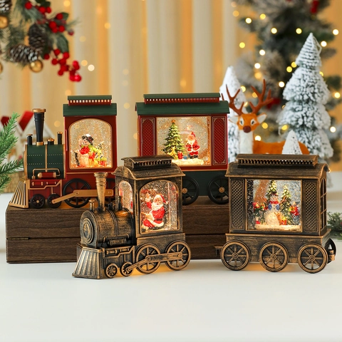 Christmas Train Snow Globe Water Lamp LED Glowing Musical Desktop Ornament Santa Snowman Plastic Holiday Decor Vintage