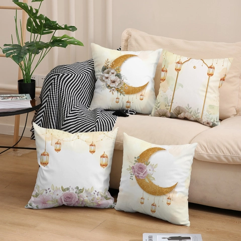 Ramadan Eid Mubarak Decor Short Plush Pillowcase Moon Lantern Floral Watercolor Cushion Cover For Sofa Living Room Home Decor