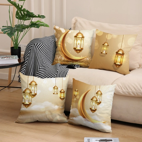 Ramadan Eid Mubarak Decorative Pillow Case Short Plush Gold Moon Star Lantern Pattern Square Throw Cushion Cover For Sofa Living Room Home Decor