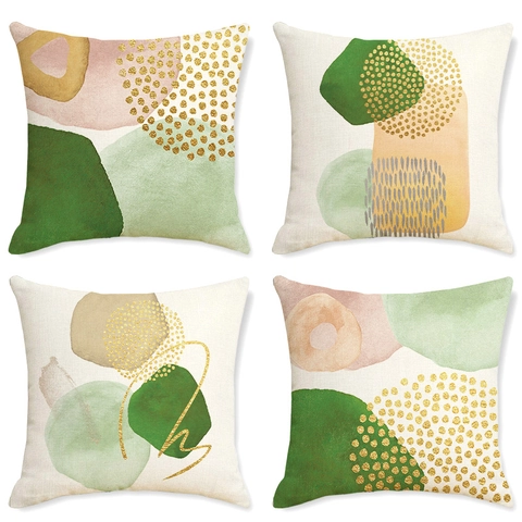 Moderner Morandi Abstrakt Geometrisch Polyester Kissenbezug in Leinenoptik Quadratischer Dekokissenbezug Mit Goldenem Punktmuster Für Sofa