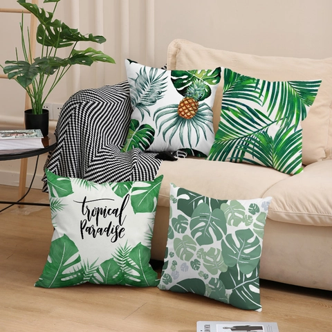 Funda de Almohada de Planta Tropical de Peluche Corto Suave Monstera Hoja de Palma Funda de Cojín para Sofá Sala de Estar Decoración del Hogar Cuadrado Funda de Almohada Decorativa