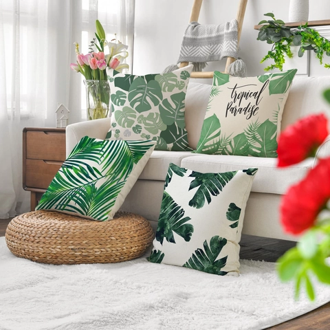 Funda de Almohada de Planta Tropical de Peluche Corto Suave Monstera Hoja de Palma Funda de Cojín para Sofá Sala de Estar Decoración del Hogar Cuadrado Funda de Almohada Decorativa