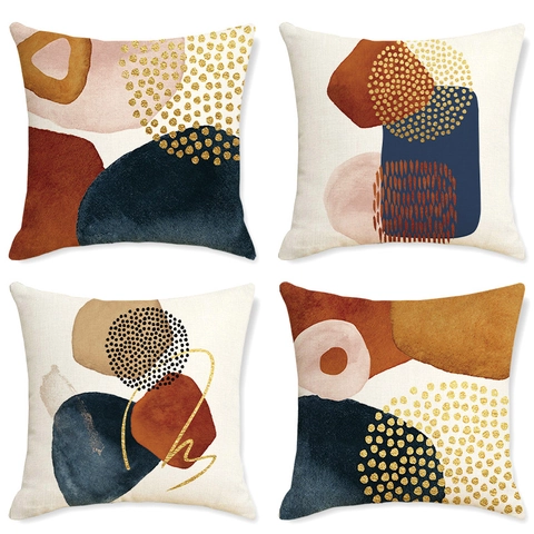 Moderner Morandi Abstrakt Geometrisch Polyester Kissenbezug in Leinenoptik Quadratischer Dekokissenbezug Mit Goldenem Punktmuster Für Sofa
