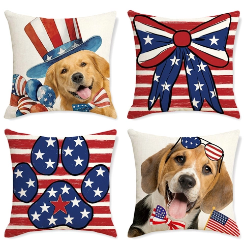 Housses De Coussin Jour Indépendance Motif Chien Drapeau Américain Aspect Lin Carré Taie De Coussin Décorative Pour Canapé
