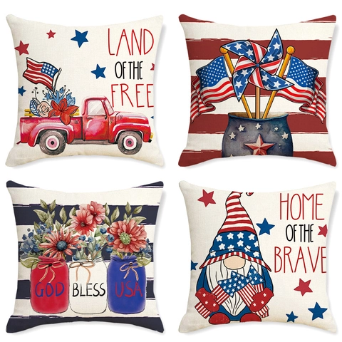USA Independence Day Pillow Cover Patriotic Polyester Linen Cushion Case For Home Sofa Decor Farmhouse Retro Style