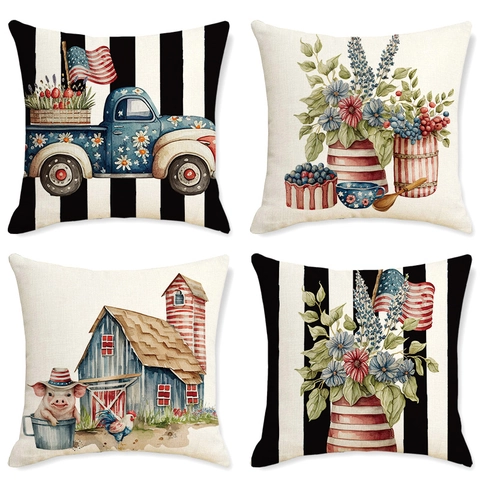 Onafhankelijkheidsdag Linnen Kussensloop 4 Juli Amerikaanse Vlag Sterren Strepen Truck Decoratief Kussenbank Huisdecoratie