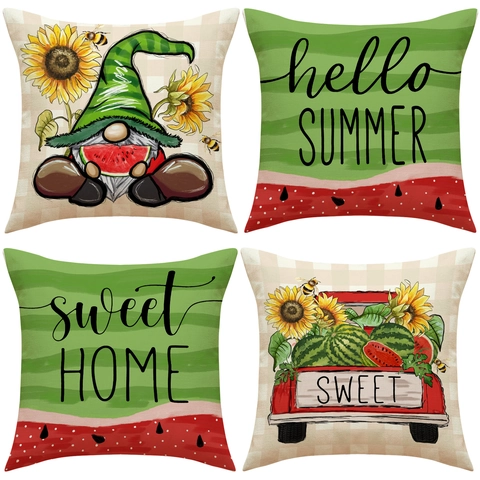 Housse de Coussin en Polyester Motif Été Pastèque Gnome Tournesol Camion Texture Lin Taie d'Oreiller Carrée Décorative pour Canapé