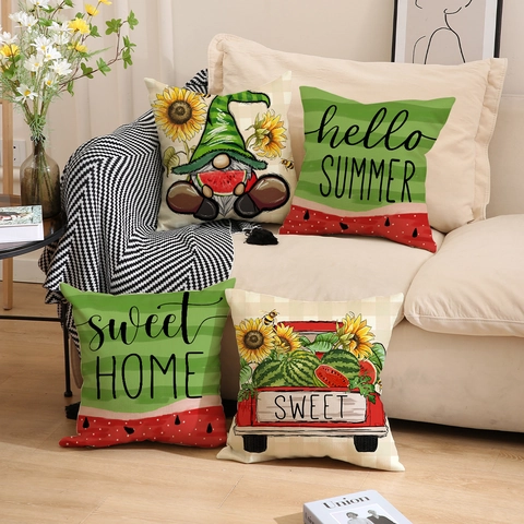 Housse de Coussin en Polyester Motif Été Pastèque Gnome Tournesol Camion Texture Lin Taie d'Oreiller Carrée Décorative pour Canapé