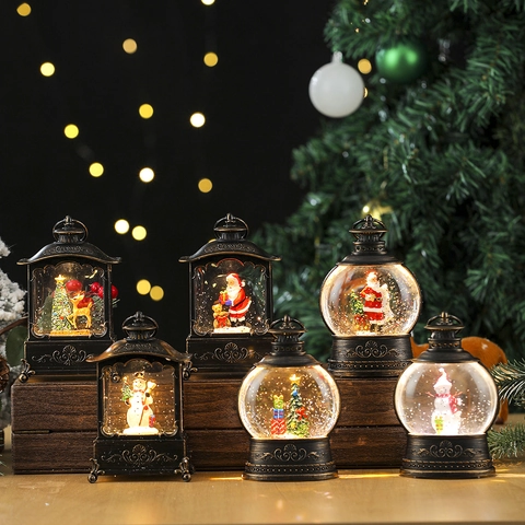 Lanterne Boule De Neige De Noël Rétro Lampe À Eau Musicale LED Avec Tourbillon Scintillant Décoration De Table Ornement